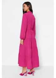  Modest Dark Pink Belted Chief Collar Button Detail Woven Dress TCTSS21EL3343