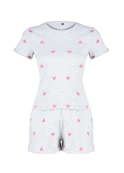  Collection Heart-Printed Grey Melange Slogan Pajama Shorts Set - THMSS24PT00220