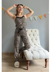 Pijamaevi Brown Leopard Printed Lace String Strap Knitted Women's Pajama Set