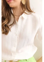 Olalook Women's Ecru Transparent Striped Regular Fit Draped Shirt Gml-19001334