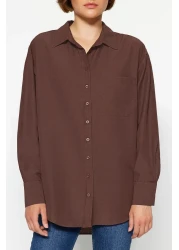 Collection قميص بني بجيب واحد/قميص من القطن المنسوج بقصة واسعة TWOAW20GO0115