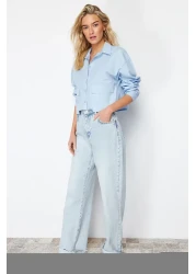  Collection قميص قصير منسوج باللون الأزرق - تفاصيل الجيب، مقاس عادي TWOSS24GO00098