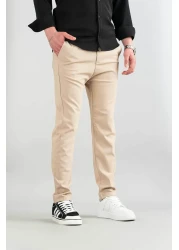 bombe Men's Beige Flexible Lycra Ankle Length Casual Comfortable Side Pocket Fabric Trousers