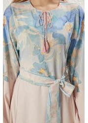  Modest Powder Linen Look Spanish Sleeves Belted Print Woven Dress Tctss25Eb00033