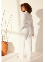  Collection White 100% Linen Elastic Waist High Waist Wide Leg Trousers TWOSS24JE00249