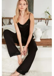  Collection Viscose Knitted Black Lace Pajamas Set - Rope Strap, Ribbon/Bow Detail Thmss20Pt0134
