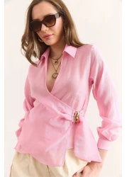 Olalook Women's Candy Pink Side Binding Detailed Modal Blouse Blz-19002946