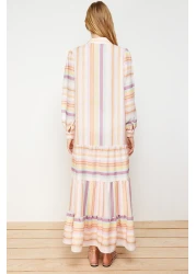  Modest Linen Look Woven Dress with Multi-Colored Striped Skirt and Ruffles TCTSS24EB00105