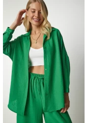 Happiness İstanbul Women's Green Linen Shirt Baggy Trousers Set DZ00080