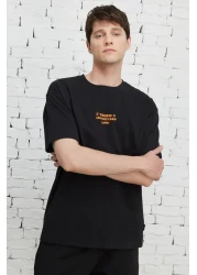 AC&Co / Altınyıldız Classics Men's Black Boxy Fit Crew Neck 100% Cotton Printed T-Shirt