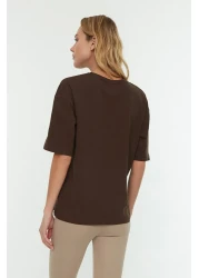  Collection تي شيرت محبوك بني 100٪ قطن مطبوع عليه شعار مريح / واسع ومريح TWOSS19GH0034