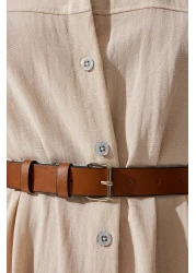 Happiness İstanbul Women's Cream Belted Woven Dress MX00155