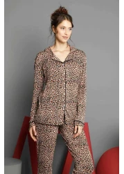 Siyah İnci Women's Leopard Cotton Buttoned Pijama Set