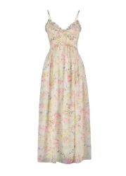  Collection فستان طويل منسوج من الشيفون مزين بنقشة زهور بيضاء على شكل حرف A TWOSS23EL02013