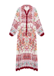  Modest فستان منسوج من الفيسكوز باللون العنابي مزين بالزهور - TCTSS24EB00221