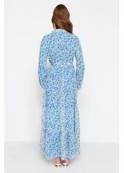  Modest Light Blue Floral Print Belted Stand Collar Lined Chiffon Woven Dress TCTSS21EL3346