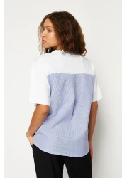  Collection تي شيرت محبوك من قماش البوبلين مخطط أبيض كبير الحجم/نمط واسع TWOSS24TS00006