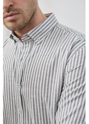 RAVANELLI قميص رجالي من القطن والكتان مخطط باللون الأسود بقصة ضيقة