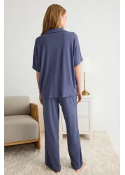  Collection Navy Blue Comfortable Fit Viscose Maternity Knitted Pajamas Set Thmss25Pt00165