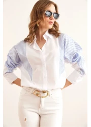 Olalook قميص نسائي بتفاصيل مخططة باللون الأبيض والأزرق GML- 19001294