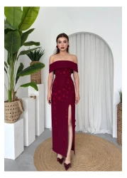 Afiş Butik Burgundy Madonna Collar Floral Embroidered Slit Long Dress