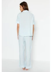  Collection Blue Striped Viscose Shirt-Pants Woven Pajamas Set THMSS21PT0159