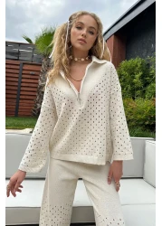 Trend Alaçatı Stili طقم تريكو نسائي ذو فتحة كريمية وسحاب علوي وسفلي ALC-X12275