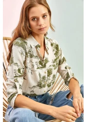 Bianco Lucci Women's Sleeve Folded Linen Shirt with Forest Illustrations