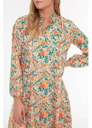  Modest Orange Floral Half Placket Skirt Tip Ruffle Lined Woven Dress TCTSS21EL3353