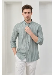 RAVANELLI قميص رجالي مخطط من القطن والكتان ذو قصة ضيقة