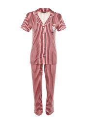 Collection Animal Print Pink Striped Knitted Pajamas Set - Shirt and Pants THMSS21PT0878