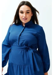  Modest Saks Belted Chief Collar Button Detail Woven Dress TCTSS21EL3343