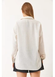 Bianco Lucci Women's Bow Patterned Bead Stone Embroidered Linen Aerobin Oversize Shirt 60283031