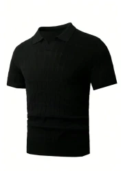 Tarz Cool Men's Black Thin Hair Braided Slim Fit Polo Neck Knitwear T-Shirt