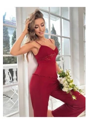 Aura ZEHRA طقم نسائي بحمالات من الدانتيل باللون العنابي