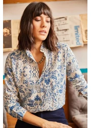 Olalook Women's Ecru Blue Patterned Viscose Shirt GML-19000891