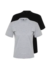  Collection Black-Grey Melange 2-Pack Basic Stand-Up Collar Knitted T-Shirt TWOSS20TS1500