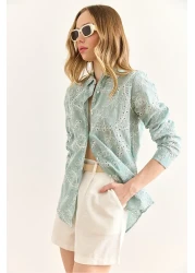 Olalook قميص نسائي بتفاصيل صدفة هندسية باللون الأخضر GML-19001324