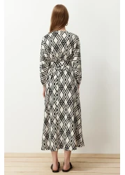  Modest Black Patterned Belt Detailed Crinkle Woven Dress TCTSS24EB00233