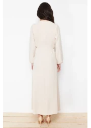  Modest String Tie Elastic Sleeve Aerobin Dress - Stone Waist Tctss22Eb00104