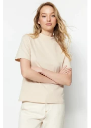  Collection تي شيرت منسوج بياقة واقفة أساسي من القطن بنسبة 100% مكون من قطعتين باللون البني والبيج TWOSS20TS1500