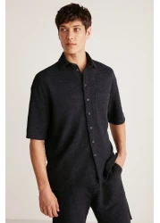 GRIMELANGE Umberto Men's Special Rustic Fabric Textured Relaxed Fit Navy Blue Shirt