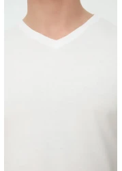  Collection V-Neck White Slim Fit T-Shirt - 100% Cotton, Short Sleeve Tmnss19Bo0002