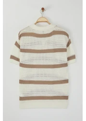  Collection Limited Edition Ecru Regular Polo Neck Striped Knitwear Polo Neck T-Shirt Tmnss24Po00004