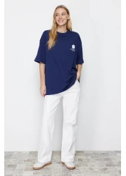  Collection Navy Blue 100% Cotton Back Printed Oversize/Wide Fit Crew Neck Knitted T-Shirt TWOSS23TS00321