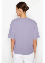  Collection Lilac 100% Cotton Slogan Printed Relaxed/Comfortable Fit Crew Neck Knitted T-Shirt TWOSS21TS0316