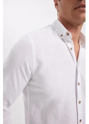 Defacto Modern Fit Buttoned Polo Neck Linen Look 100% Cotton Long Sleeve Shirt T6284Azns
