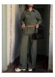 minaaise طقم قميص وسروال من قماش الفيسكوز ذو قصة واسعة مخطط باللون الأخضر للنساء 29046