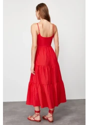  Collection Red Skirt Waist Opening Cotton Blend Maxi Woven Dress TWOSS24EL00386