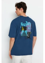  Collection تي شيرت قطني كبير الحجم مطبوع باللون النيلي الغامض - TMNSS22TS0838